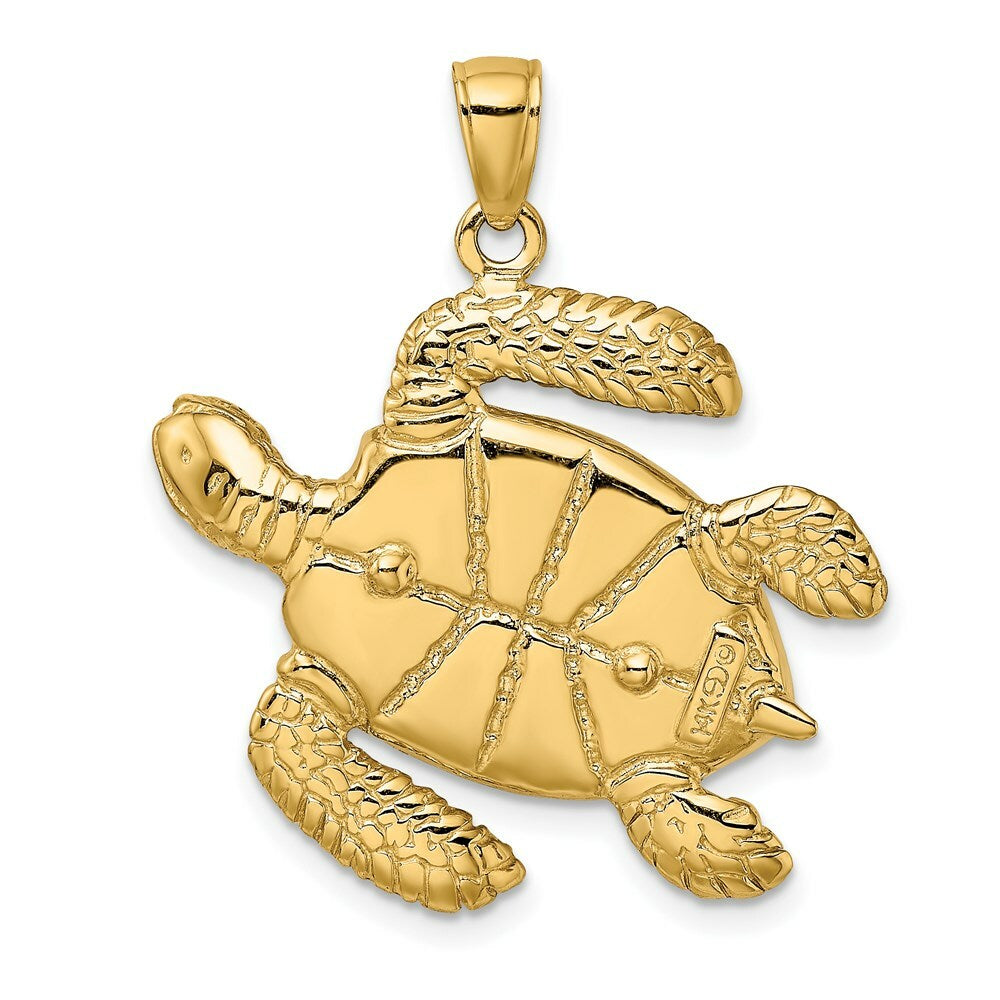 14K Yellow Gold 3-D Brown Enamel Large Sea Turtle Charm Pendant