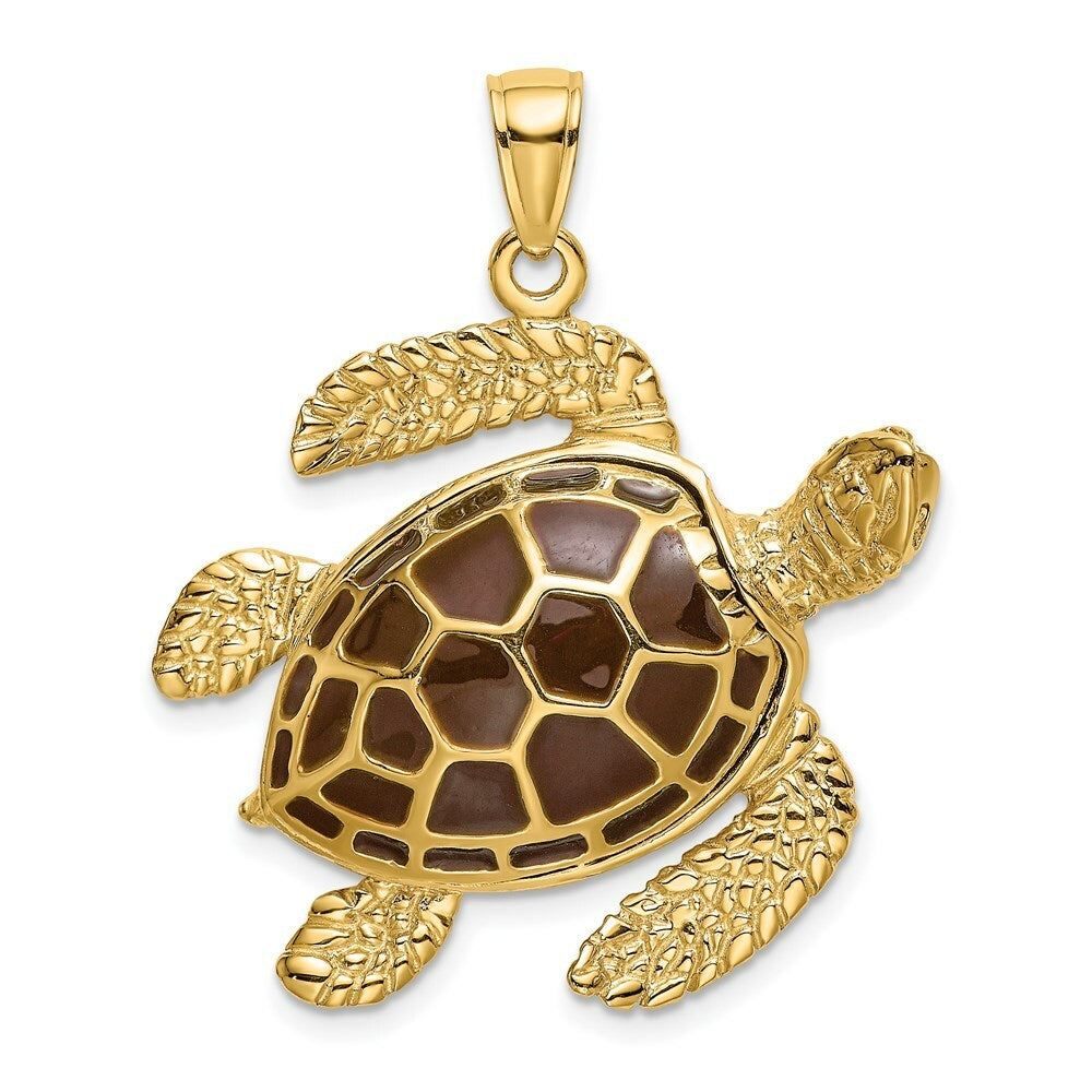 14K Yellow Gold 3-D Brown Enamel Large Sea Turtle Charm Pendant