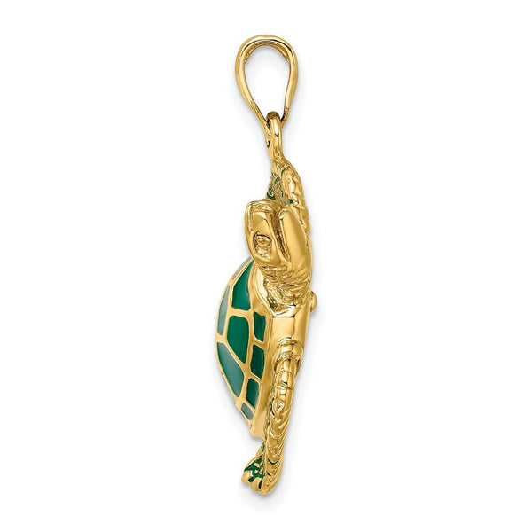 14K Yellow Gold 3-D Green Enamel Large Sea Turtle Charm Pendant