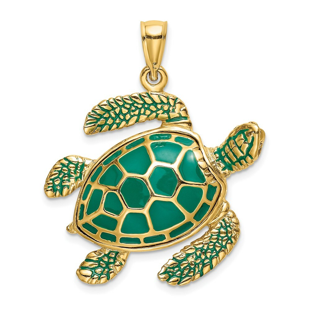 14K Yellow Gold 3-D Green Enamel Large Sea Turtle Charm Pendant