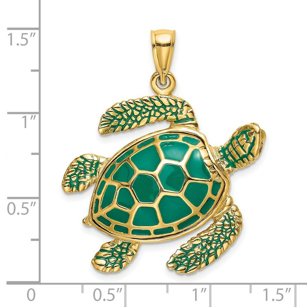 14K Yellow Gold 3-D Green Enamel Large Sea Turtle Charm Pendant