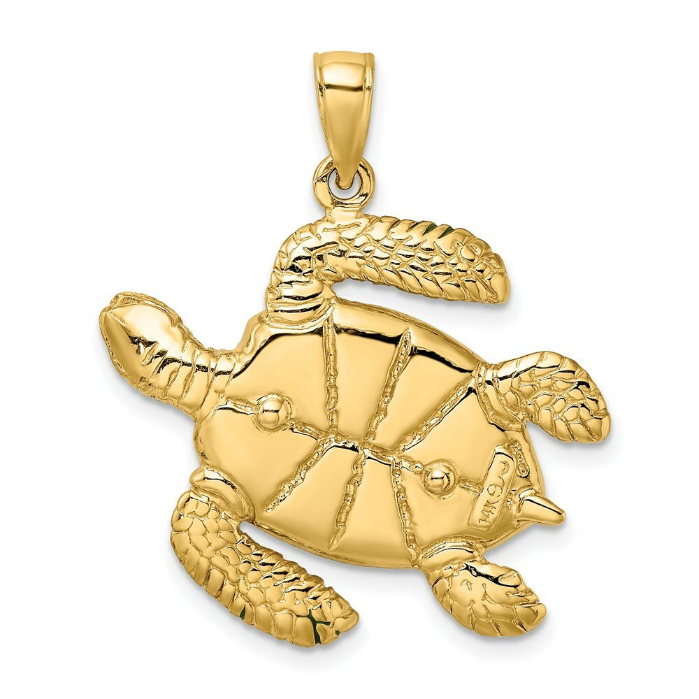 14K Yellow Gold 3-D Green Enamel Large Sea Turtle Charm Pendant