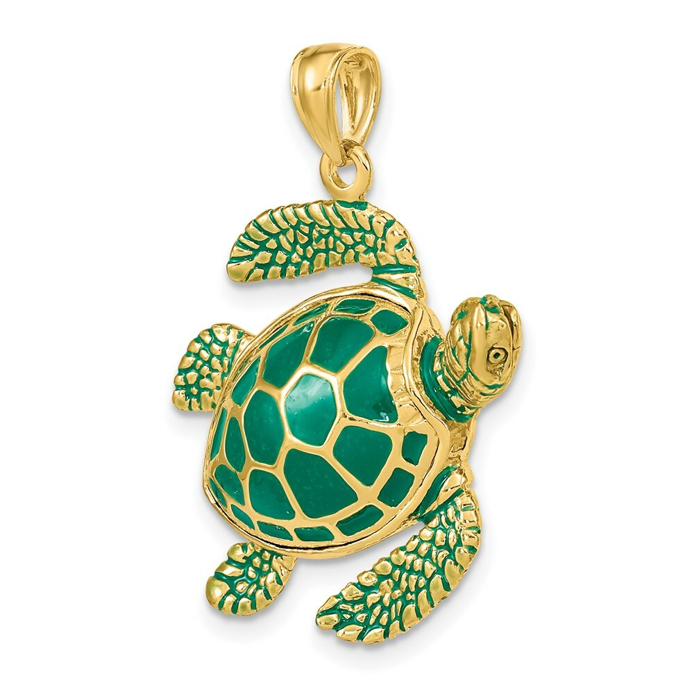 14K Yellow Gold 3-D Green Enamel Large Sea Turtle Charm Pendant