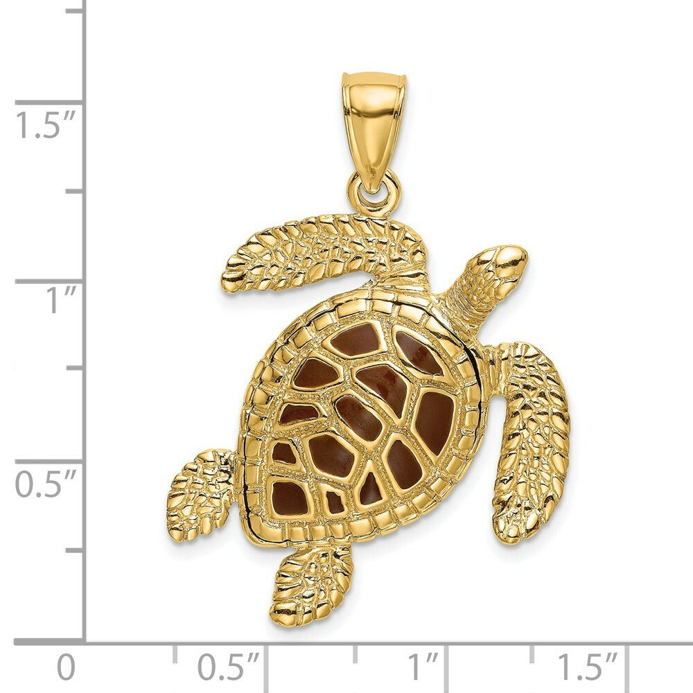 14K Yellow Gold 3-D Brown Enamel & Textured Sea Turtle Charm Pendant