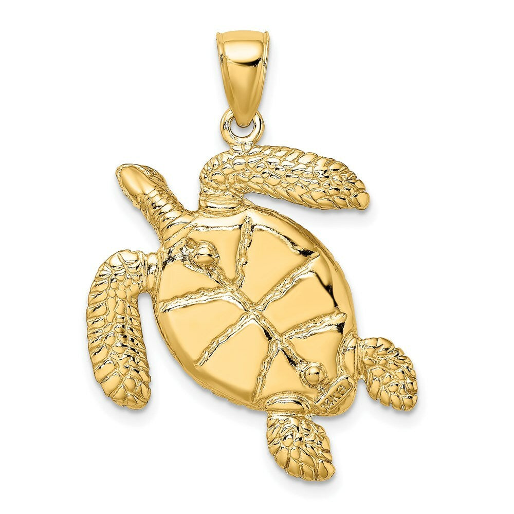 14K Yellow Gold 3-D Brown Enamel & Textured Sea Turtle Charm Pendant
