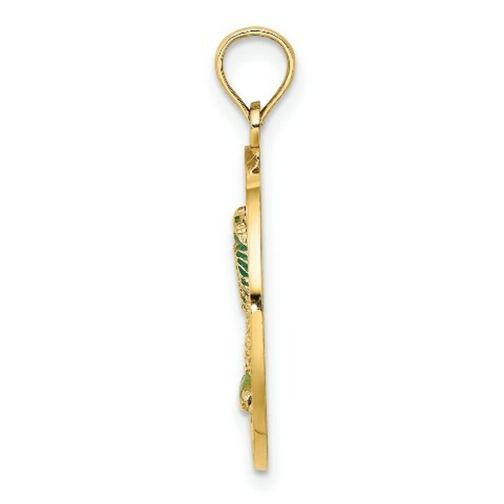 14K Yellow Gold Florida Round Frame With Green Enamel Palm Tree Charm Pendant