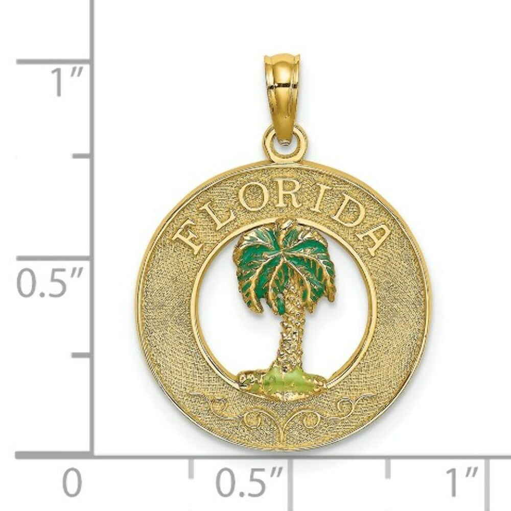 14K Yellow Gold Florida Round Frame With Green Enamel Palm Tree Charm Pendant