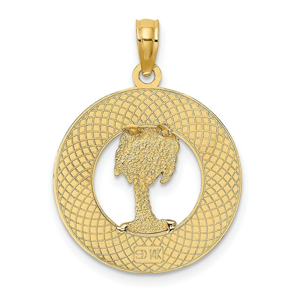 14K Yellow Gold Florida Round Frame With Green Enamel Palm Tree Charm Pendant
