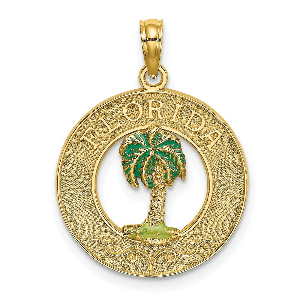 14K Yellow Gold Florida Round Frame With Green Enamel Palm Tree Charm Pendant