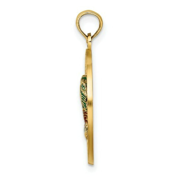 14K Yellow Gold Florida Round Frame With Green Enamel Palm Trees Charm Pendant