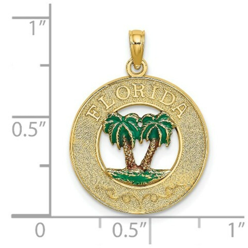 14K Yellow Gold Florida Round Frame With Green Enamel Palm Trees Charm Pendant