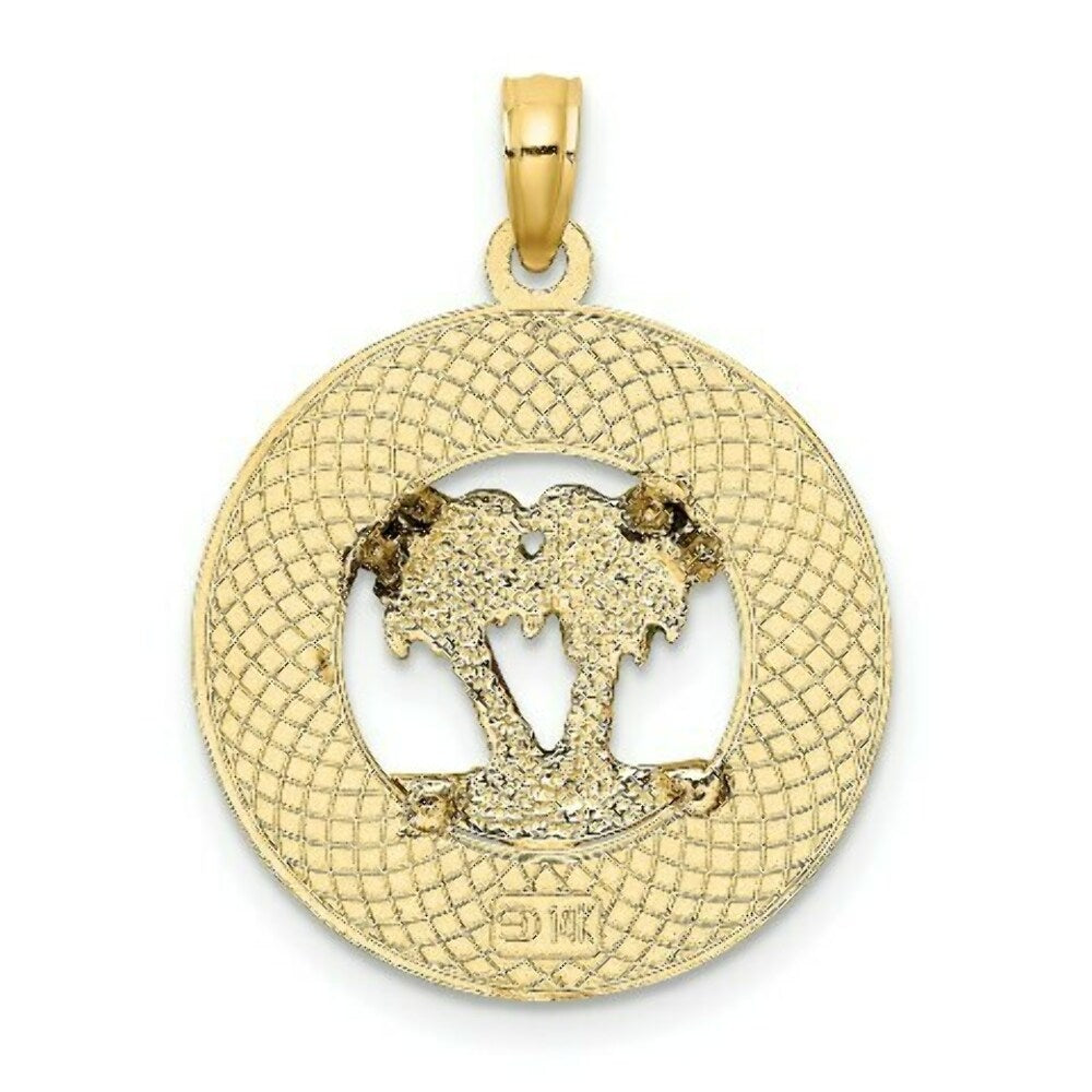14K Yellow Gold Florida Round Frame With Green Enamel Palm Trees Charm Pendant