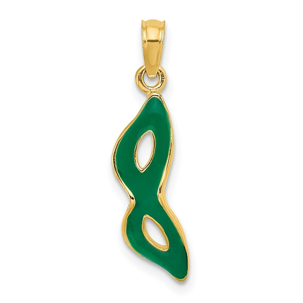 14K Yellow Gold 3-D & Beveled With Green Enamel Masquerade Mask Pendant
