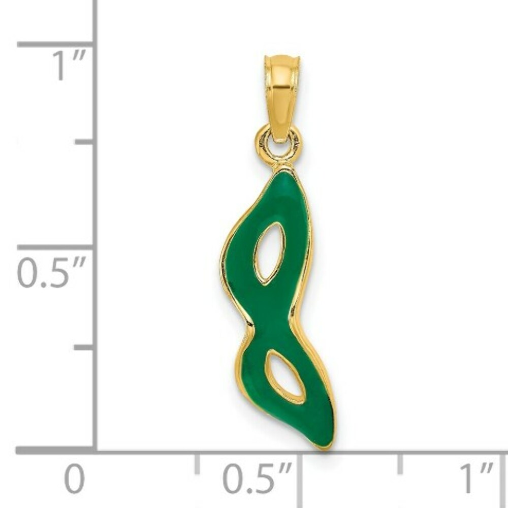 14K Yellow Gold 3-D & Beveled With Green Enamel Masquerade Mask Pendant