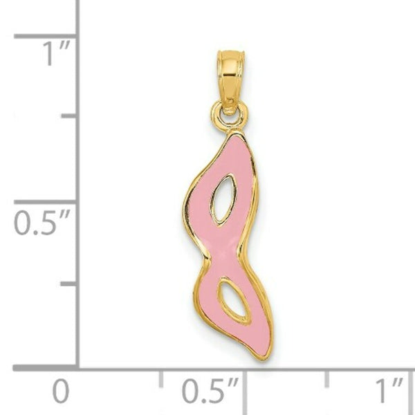 14K Yellow Gold 3-D & Beveled With Pink Enamel Masquerade Mask Pendant