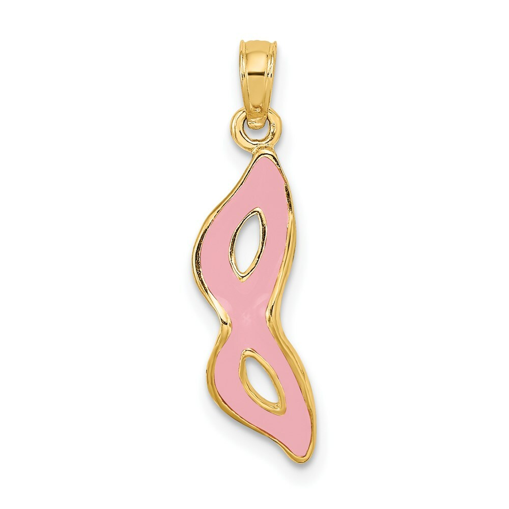 14K Yellow Gold 3-D & Beveled With Pink Enamel Masquerade Mask Pendant
