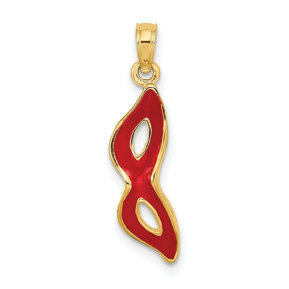 14K Yellow Gold 3-D & Beveled With Red Enamel Masquerade Mask Pendant