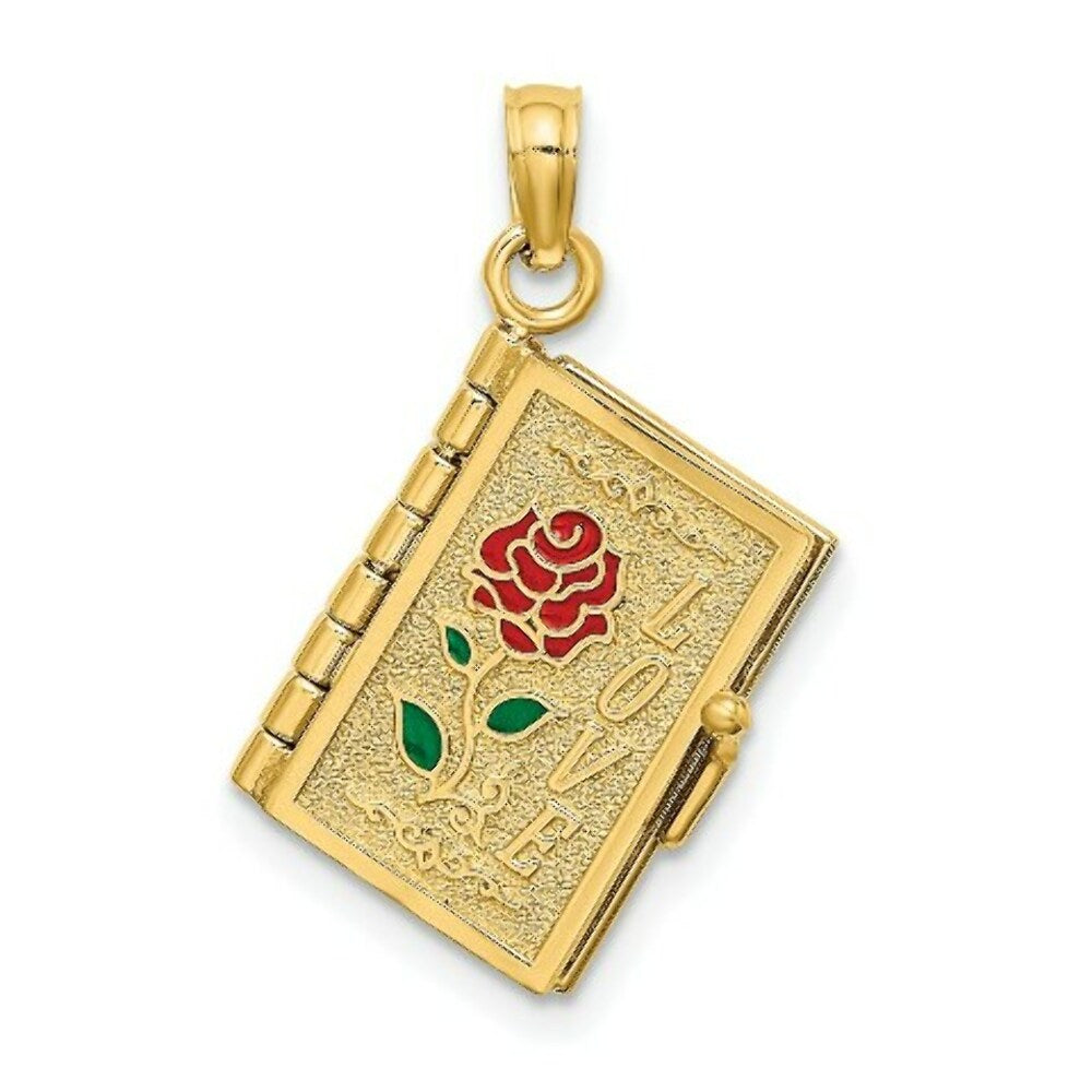 14K Yellow Gold Polished Enameled Moveable Love Flower Book Pendant
