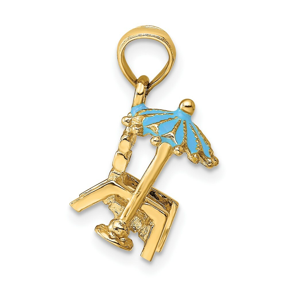 14K Yellow Gold 3-D Beach Chair With Aqua Enameled Umbrella Charm Pendant
