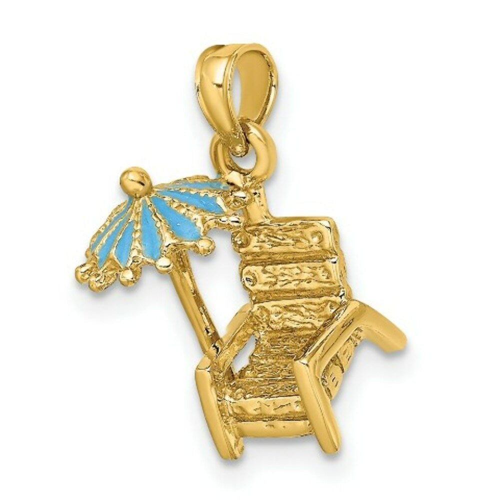 14K Yellow Gold 3-D Beach Chair With Aqua Enameled Umbrella Charm Pendant