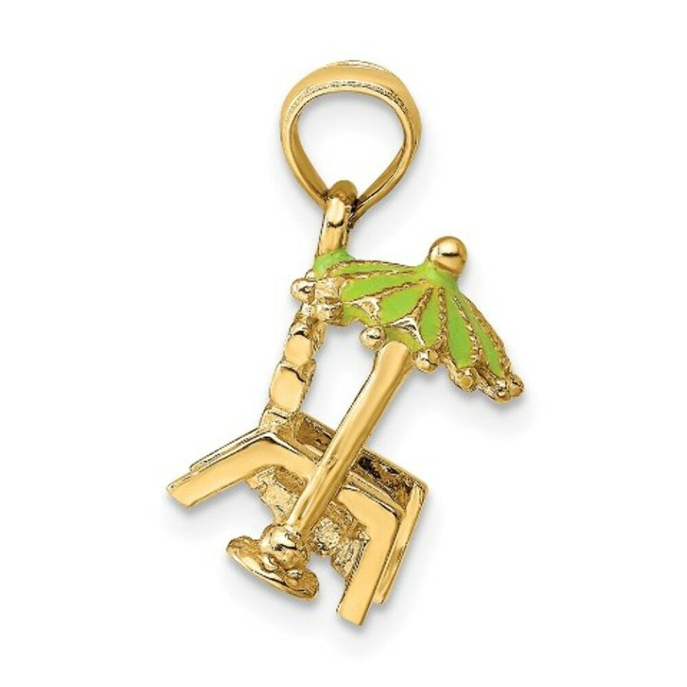 14K Yellow Gold 3-D Beach Chair With Green Enameled Umbrella Charm Pendant