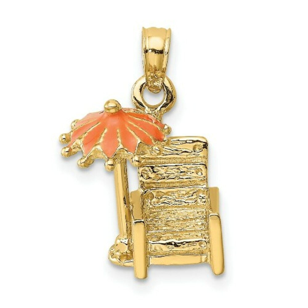 14K Yellow Gold 3-D Beach Chair With Orange Enameled Umbrella Charm Pendant