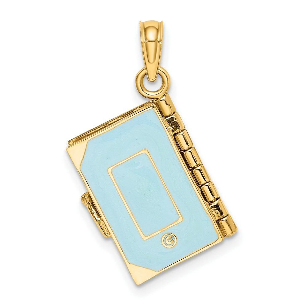 14K Yellow Gold 3-D Blue Enamel Bible Book With Moveable Pages Charm Pendant