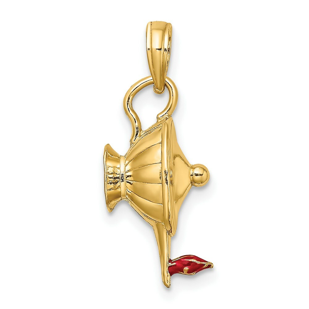 14K Yellow Gold With Red Enamel & Polished 3-D Genie Lamp Charm Pendant