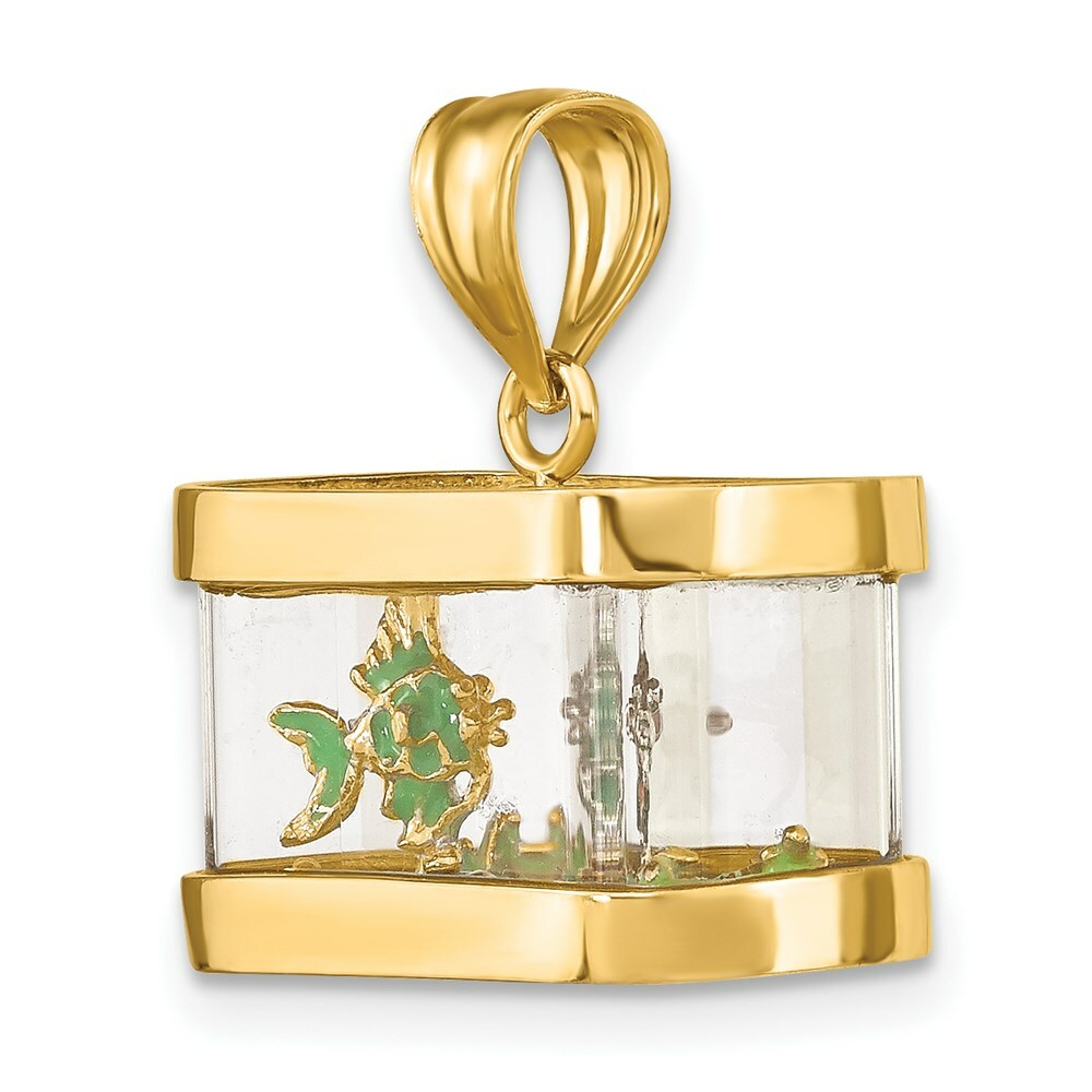 14K Yellow Gold 3-D Moveable Enamel Fish Aqarium Charm Pendant