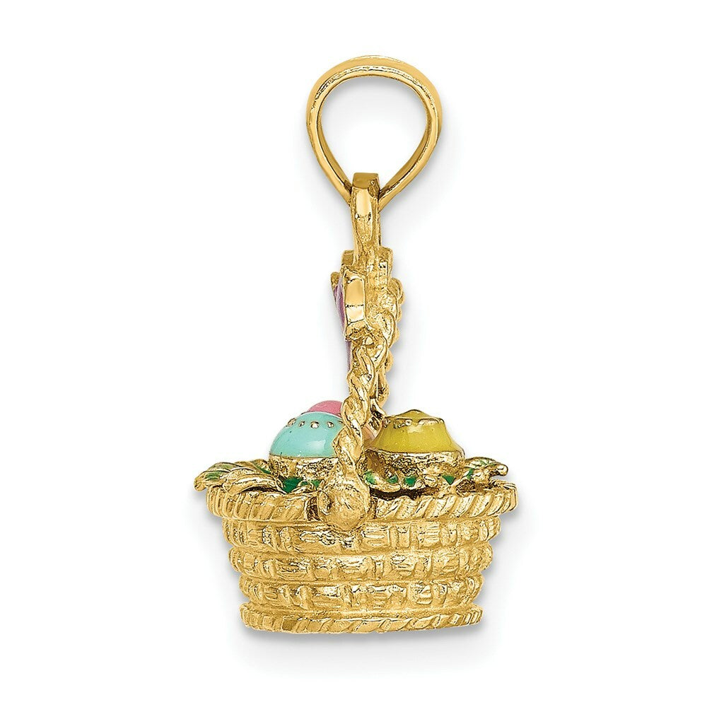 14K Yellow Gold 3-D Enameled Easter Basket With Bow & Eggs Charm Pendant