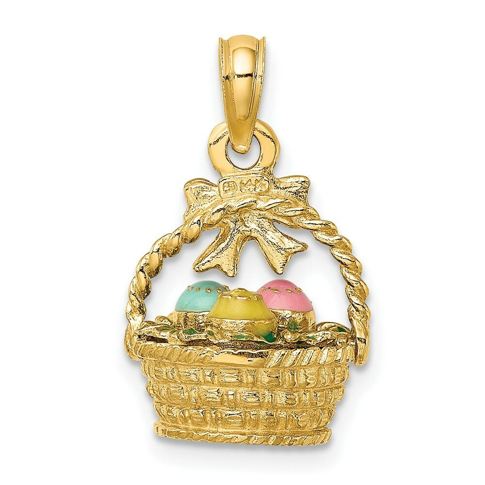 14K Yellow Gold 3-D Enameled Easter Basket With Bow & Eggs Charm Pendant