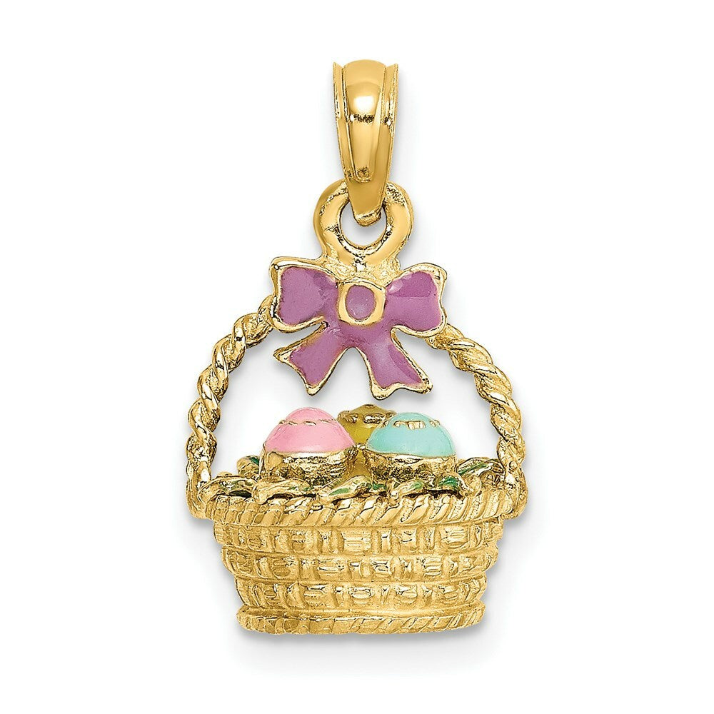 14K Yellow Gold 3-D Enameled Easter Basket With Bow & Eggs Charm Pendant