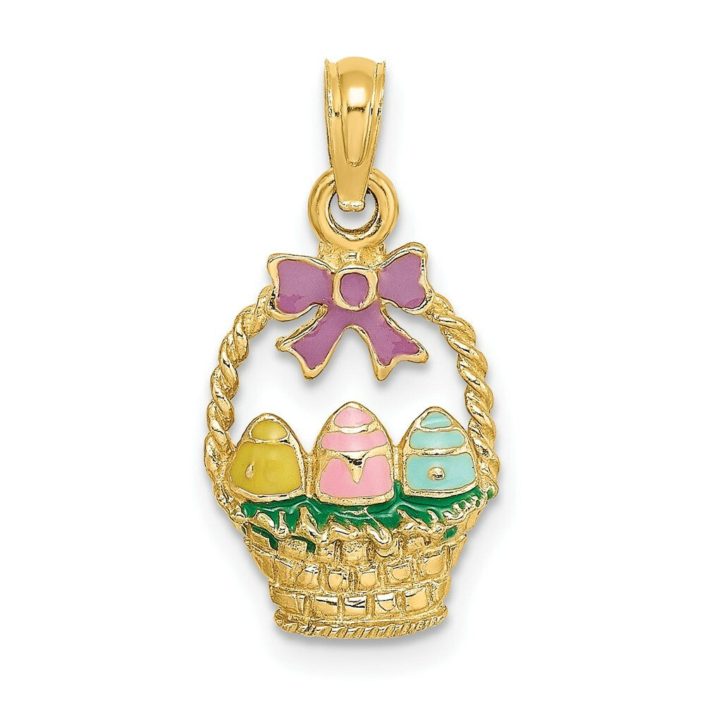 14K Yellow Gold Enameled Easter Basket With Bow & Eggs Charm Pendant