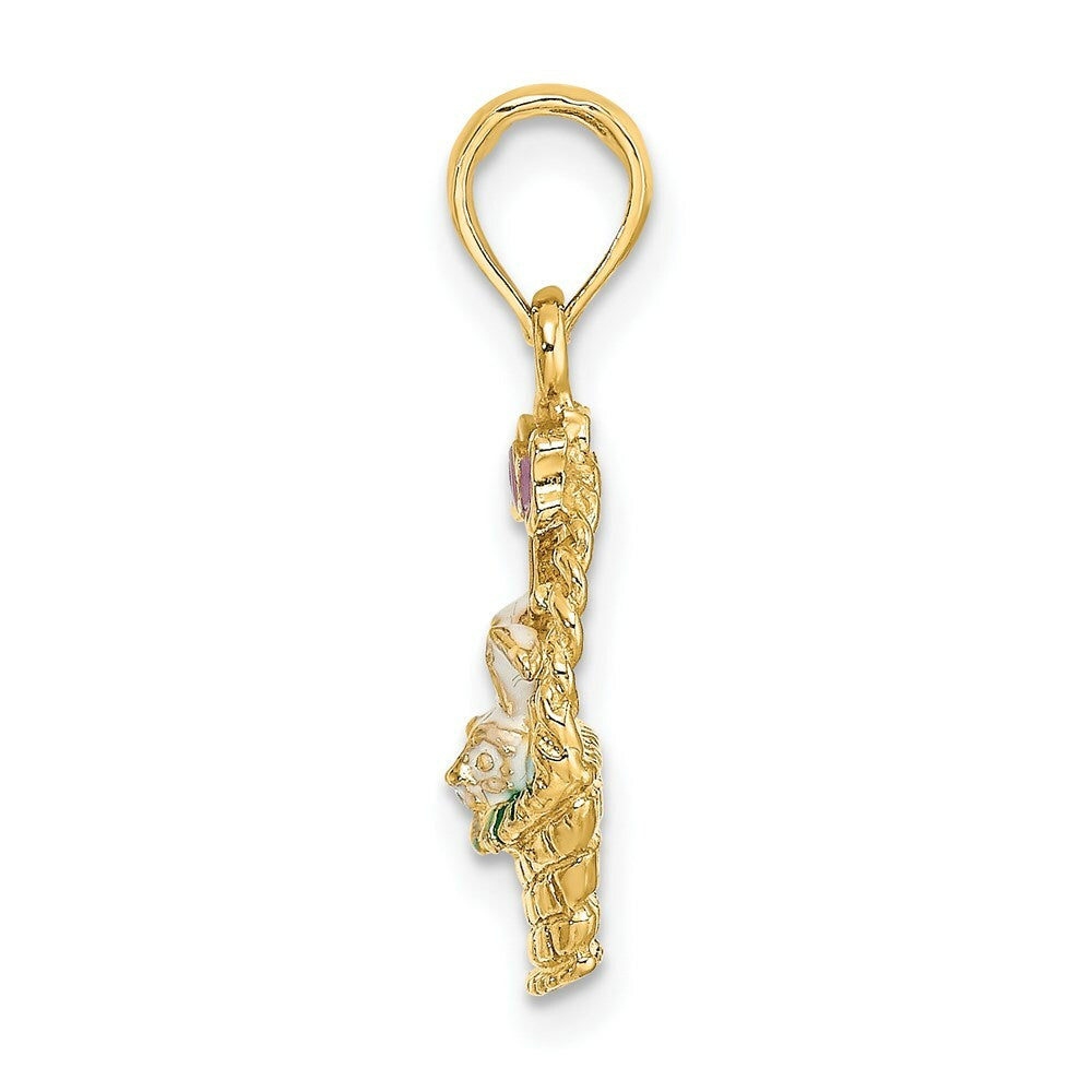 14K Yellow Gold Enameled Easter Basket With Bunny, Bow & Eggs Charm Pendant