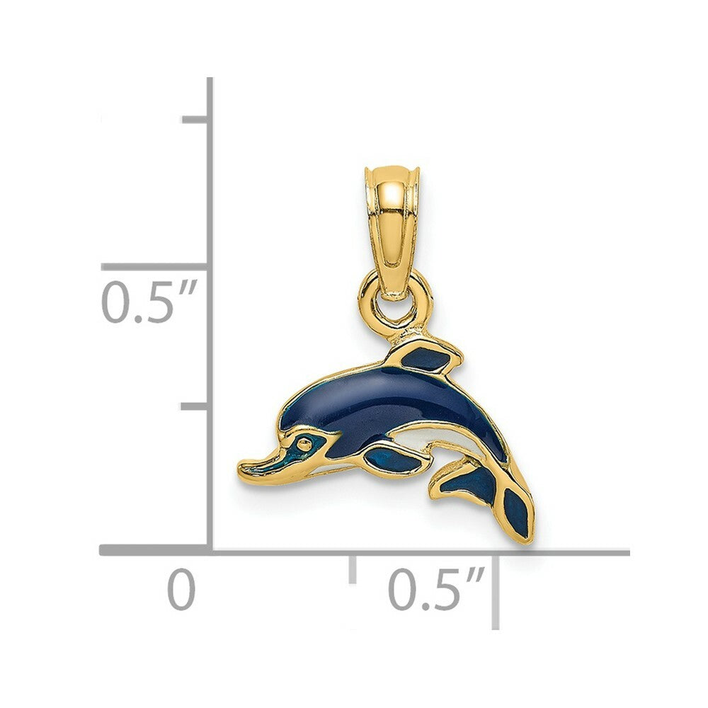 14K Yellow Gold Blue Enamel Dolphin Charm Pendant
