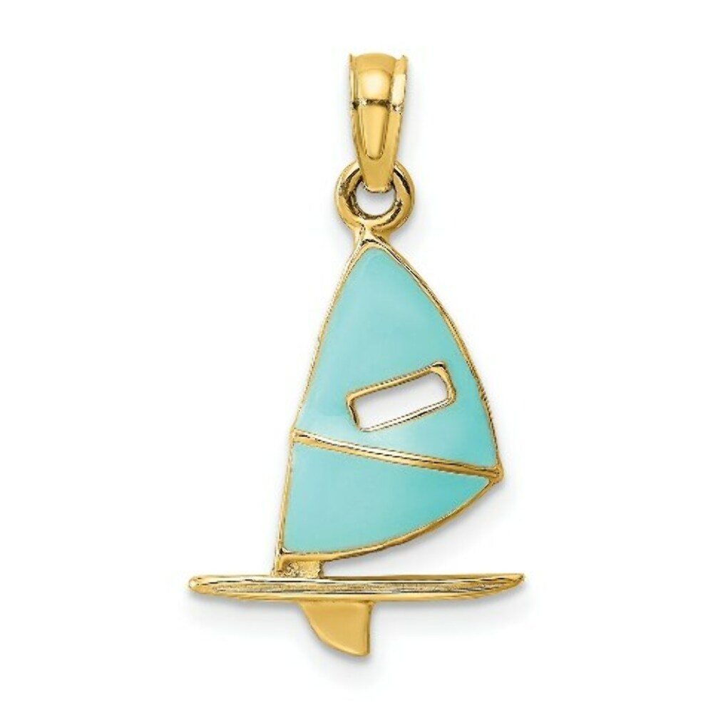 14K Yellow Gold Aqua Enameled Windsail Surf Board Charm Pendant