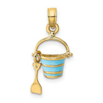 Load image into Gallery viewer, 14K Yellow Gold 2-D Aqua Enameled Beach Bucket With Moveable Shovel Charm Pendant
