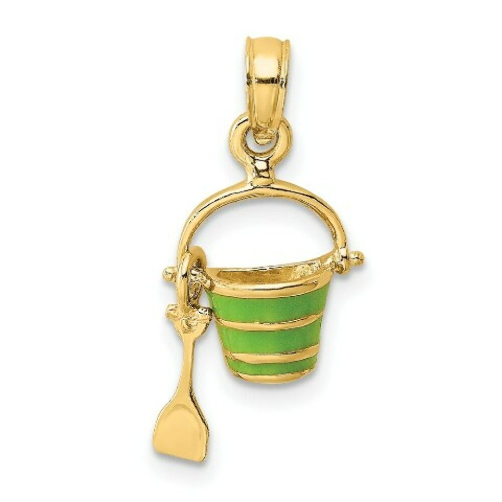 14K Yellow Gold 2-D Green Enameled Beach Bucket With Moveable Shovel Charm Pendant