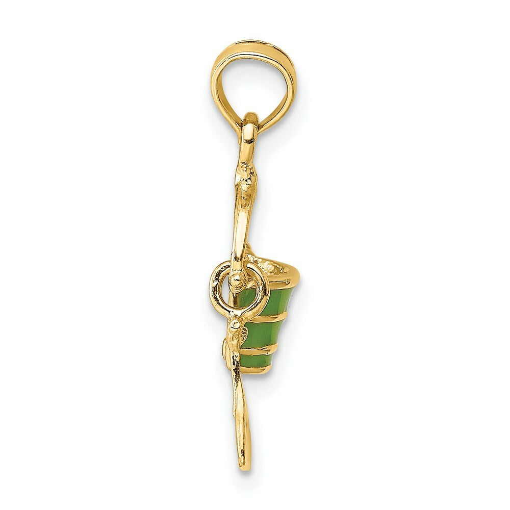 14K Yellow Gold 2-D Green Enameled Beach Bucket With Moveable Shovel Charm Pendant