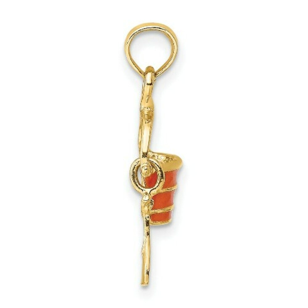 14K Yellow Gold 2-D Orange Enameled Beach Bucket With Moveable Shovel Charm Pendant