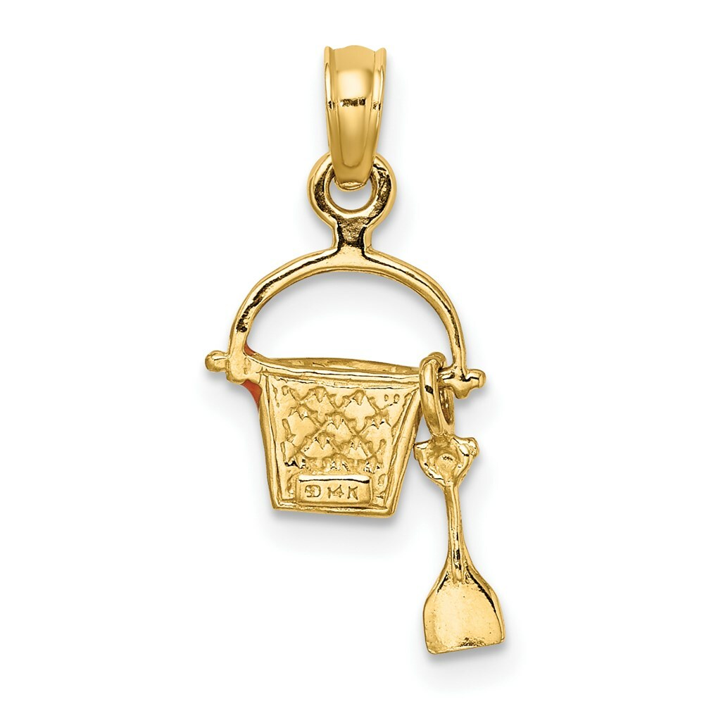 14K Yellow Gold 2-D Orange Enameled Beach Bucket With Moveable Shovel Charm Pendant