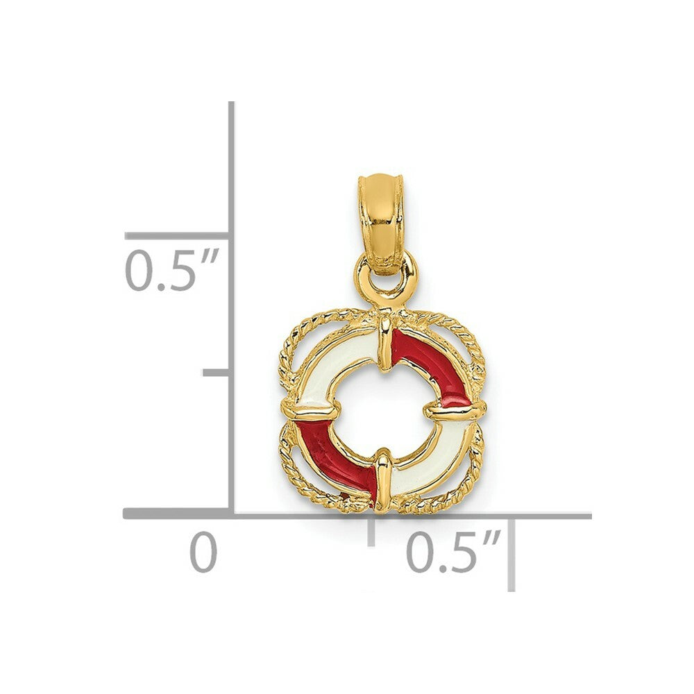 14K Yellow Gold Red & White Enameled Lifesaver Ring Charm Pendant