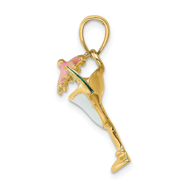 14K Yellow Gold 2-D Enameled Margarita Drink With Umbrella & Lime Charm Pendant