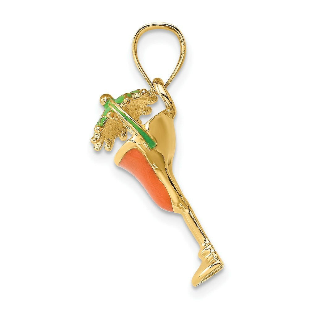 14K Yellow Gold 2-D Orange Enameled Margarita Drink With Umbrella & Lima Charm Pendant