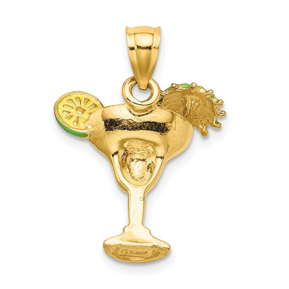14K Yellow Gold 2-D Orange Enameled Margarita Drink With Umbrella & Lima Charm Pendant