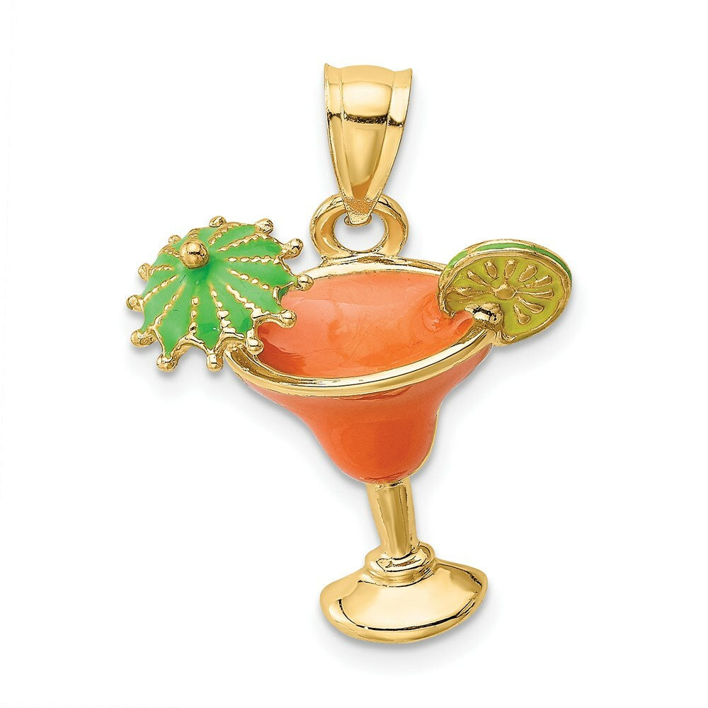 14K Yellow Gold 2-D Orange Enameled Margarita Drink With Umbrella & Lima Charm Pendant