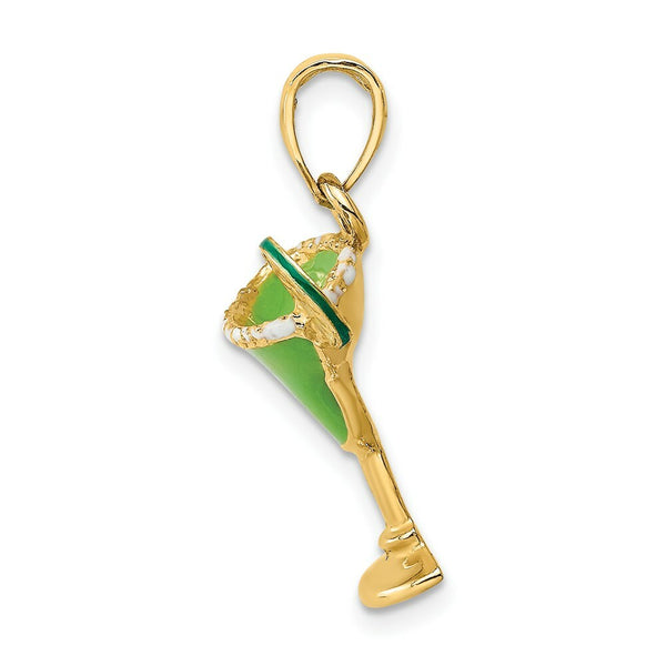 14K Yellow Gold 2-D Green Enameled Salted Margarita Drink With Lime Charm Pendant