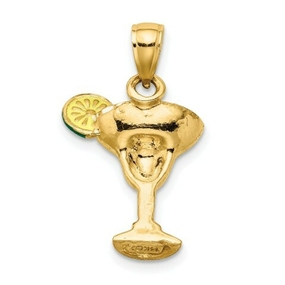 14K Yellow Gold 2-D Green Enameled Salted Margarita Drink With Lime Charm Pendant