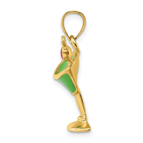 14K Yellow Gold 2-D Green Enameled Martini With Cherry Charm Pendant