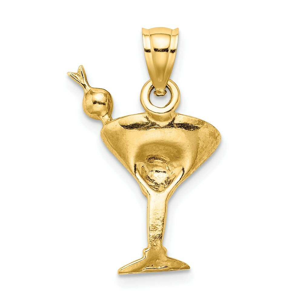 14K Yellow Gold 2-D Green Enameled Martini With Cherry Charm Pendant